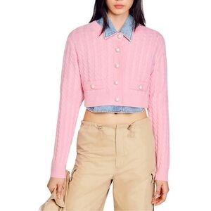 Sandro Elina Pink Cable Knit Cropped Cardigan